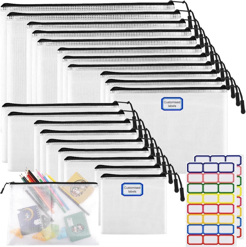 YOPCDJ 20pcs Multisize Mesh Zipper Pouch, Waterproof Bags for Office Supplies, 8 Sizes Waterproof Plastic Document Pouch, Bags for Travel Storage, Office Supply and Home Organize - Image 1